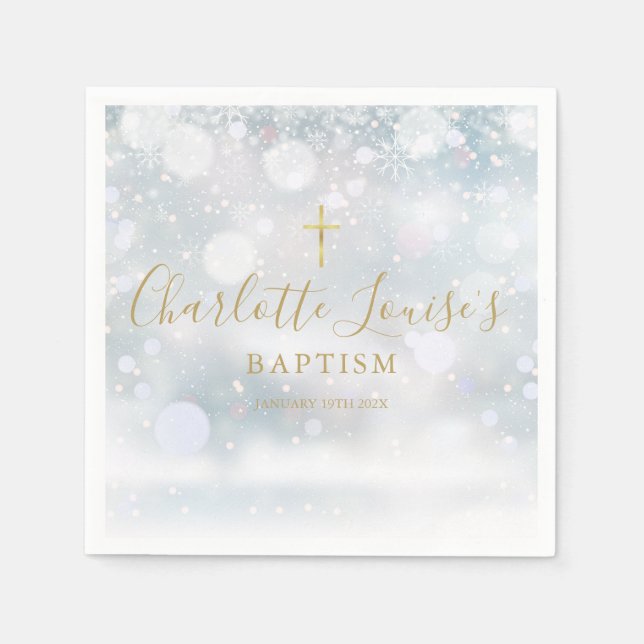 Gold Signature Script Winter Baptism Christening Napkins (Front)