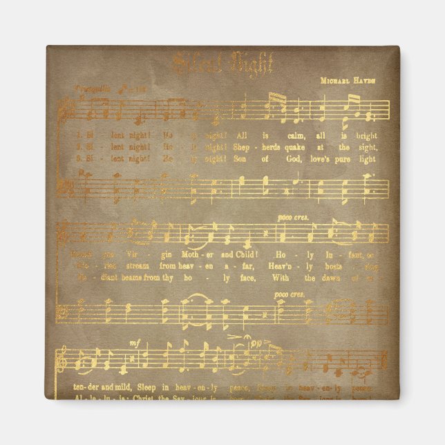 Gold Silent Night Christmas Carol Sheet Music Magnet (Front)
