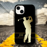 Gold Silhouette Golfer Monogram Case-Mate iPhone 14 Case<br><div class="desc">Perfect for the golf fan,  this phone case features a gold silhouette golfer in full swing. At the bottom is your monogram framed by thin darker gold lines. The text and image are placed on a black background.</div>