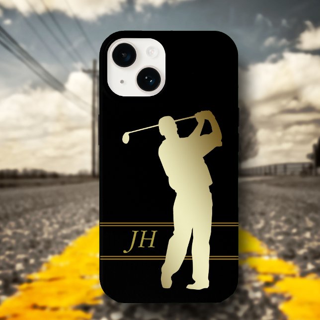 Gold Silhouette Golfer Monogram Case-Mate iPhone Case (Creator Uploaded)