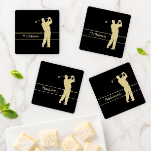 Gold Silhouette Golfer Monogram Coaster Set