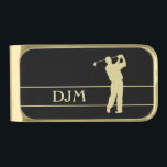 Gold Silhouette Golfer Monogram Finish Money Clip<br><div class="desc">A gold silhouette golfer takes a full swing at the right side of this golf theme personalized money clip. Thin gold lines frame your family name,  monogram,  or other custom text in matching gold. Everything is placed on a dramatic black background.</div>