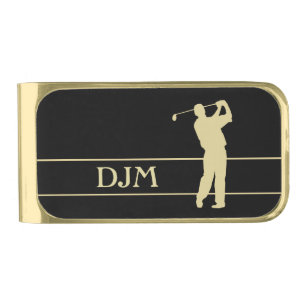 Gold Silhouette Golfer Monogram Gold Finish Money Clip