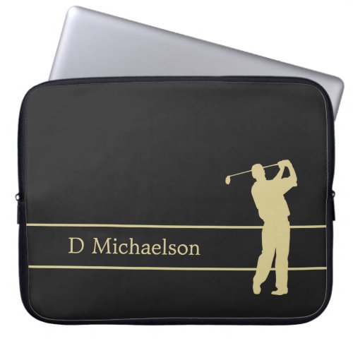 Gold Silhouette Golfer on Black Laptop Sleeve