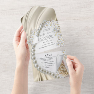 Gold Silk and Pearls All in One Wedding Invite