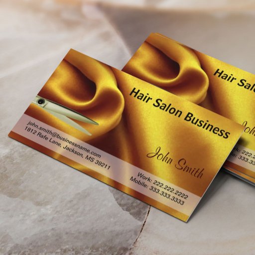Customizable Gold Silk and Scissor Hair Salon Business Card
