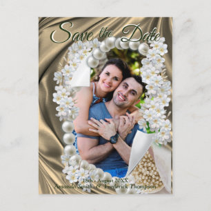 Gold Silk  & Ivory Pearls Save the Date Announcement Postcard