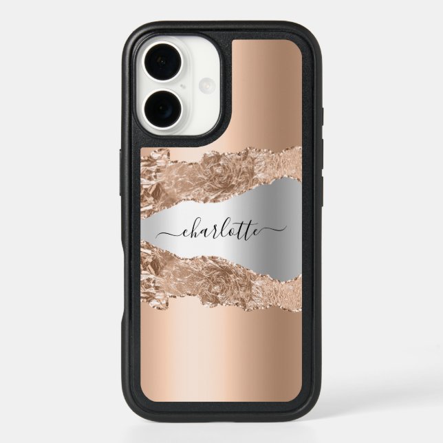 Gold silver agate marble name script otterbox iPhone case (Back)