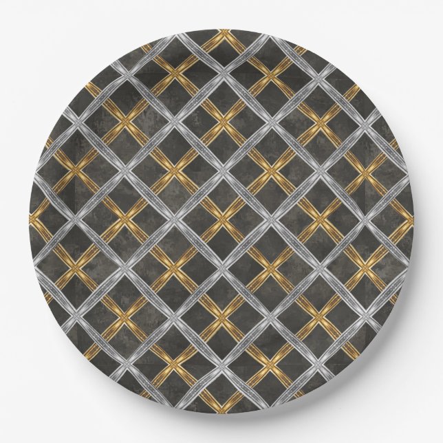Gold, Silver, and Black Laced Pattern Paper Plates (Front)