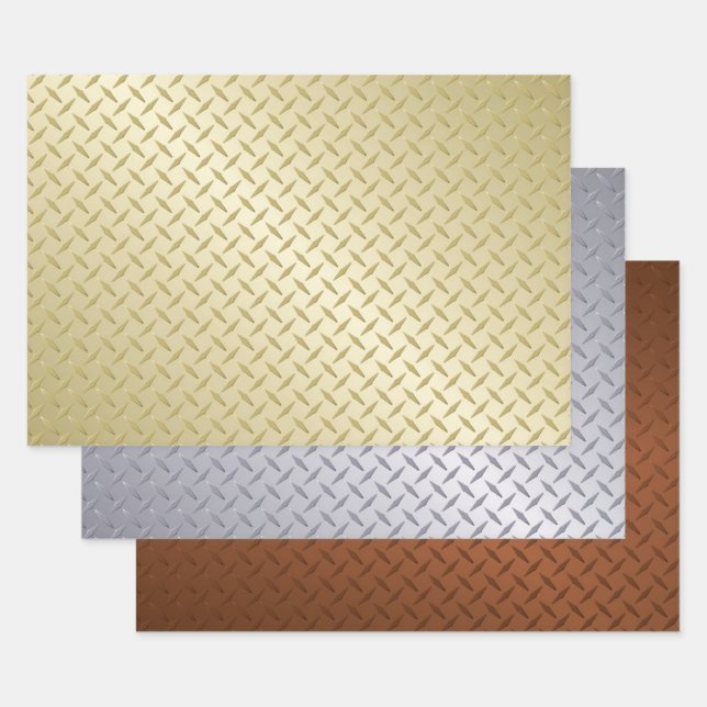 Gold Silver And Bronze Diamond Plate Pattern Wrapping Paper Sheets (Set)