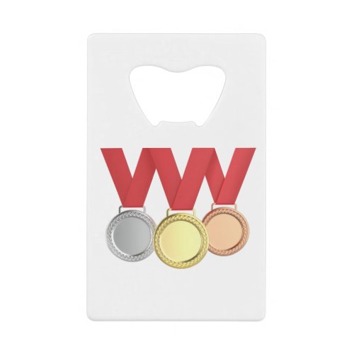 Gold silver and bronze medals credit card bottle opener