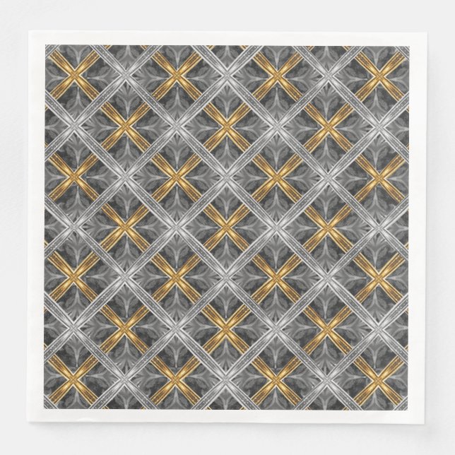 Gold, Silver, and Grey Laced Diamonds Pattern Paper Dinner Napkins (Front)