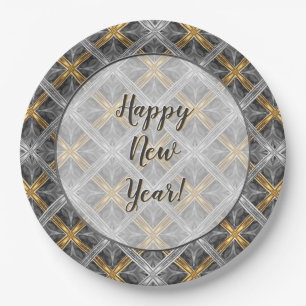 Gold, Silver, and Grey Laced Diamonds Pattern Paper Plates