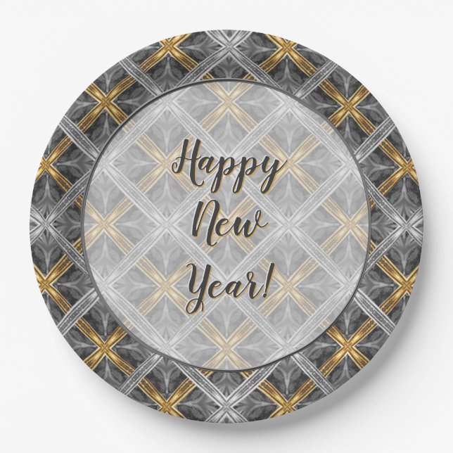 Gold, Silver, and Grey Laced Diamonds Pattern Paper Plates (Front)