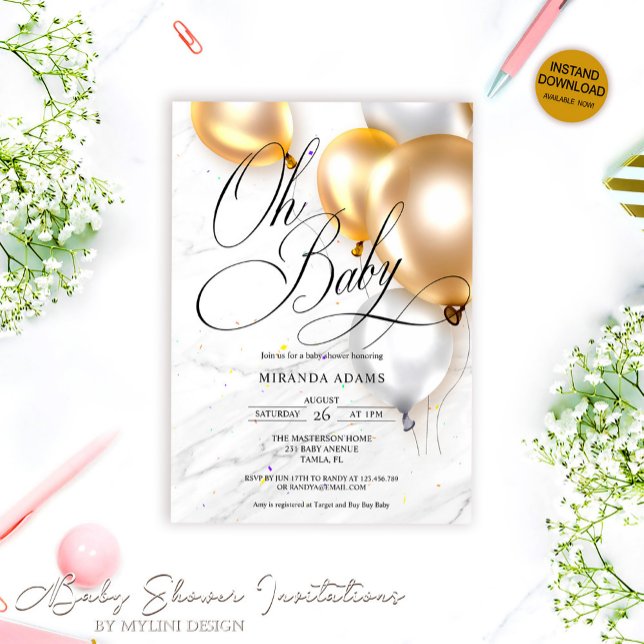 Gold Silver Balloons Gender Neutal Baby Shower Invitation (Creator Uploaded)