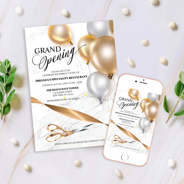 Gold Silver Balloons Grand Opening Ribbon Cutting Invitation (Creator Uploaded)