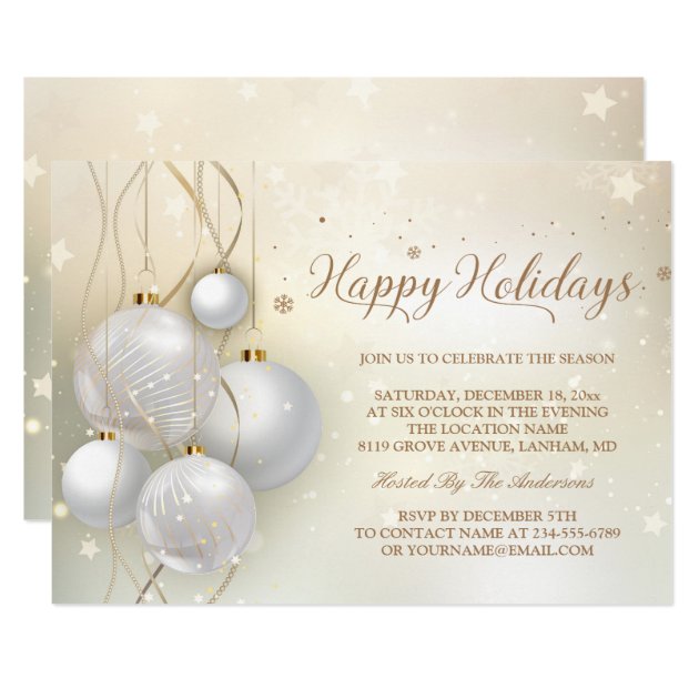 Gold Silver Baubles Stars Light Chic Holiday Party Invitation