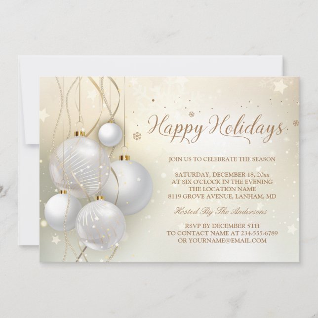 Gold Silver Baubles Stars Light Chic Holiday Party Invitation (Front)