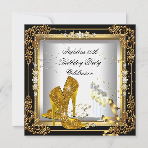 Gold Silver Black Birthday Party High Heel Invitation