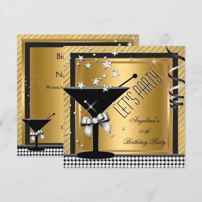 Gold Silver Black Martini Birthday Party Invitation (Front/Back)