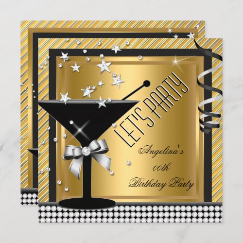 Gold Silver Black Martini Birthday Party Invitation