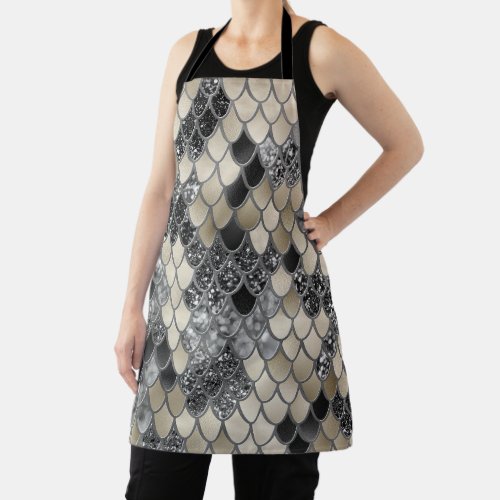 Gold Silver Black Mermaid Scales Glam 1 art Apron