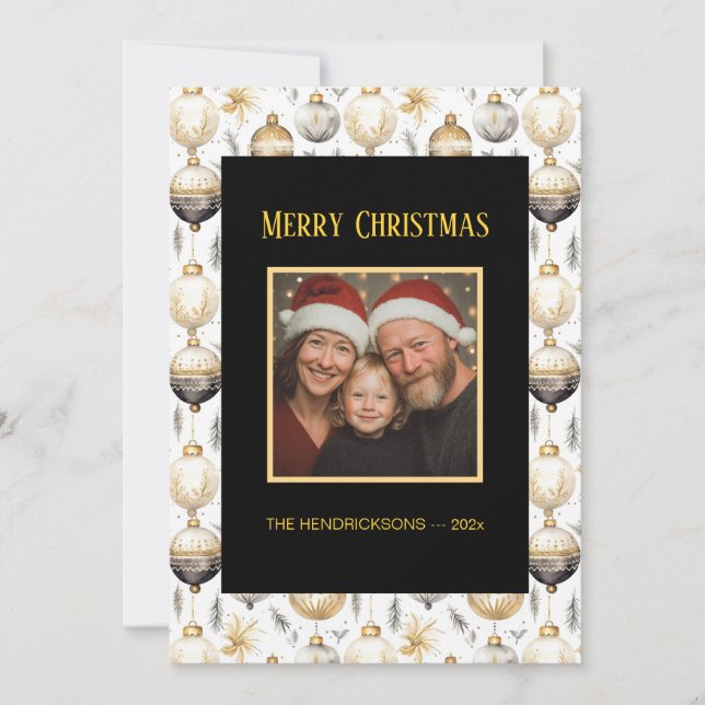 Gold Silver Black Ornaments Photo Christmas Card (Front)