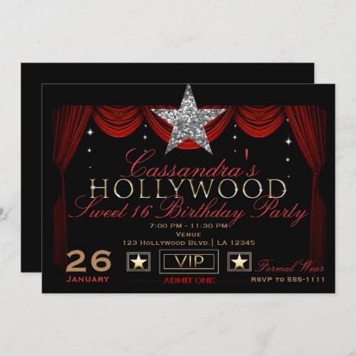 Gold Silver Black  Red Hollywood Birthday Party Invitation