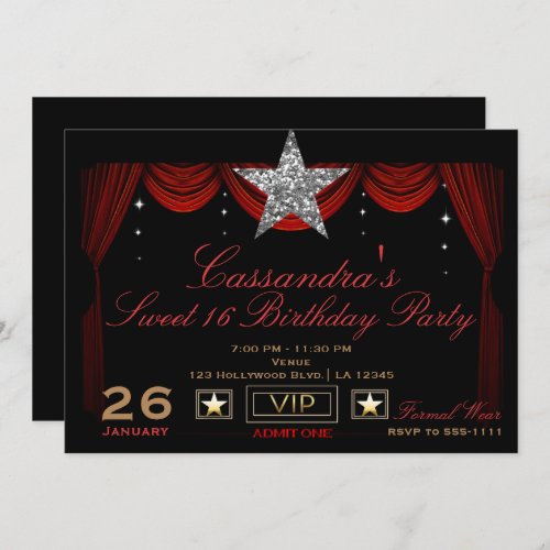 Gold Silver Black Red VIP Admit One Birthday Party Invitation
