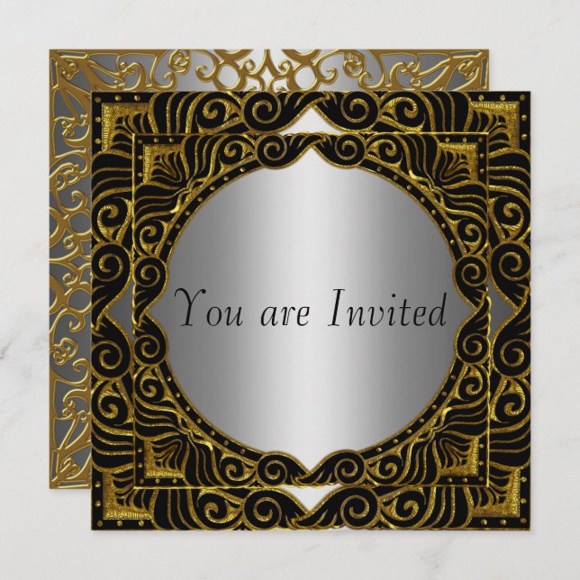 Gold Silver Black retro Party Invitation (Front/Back)