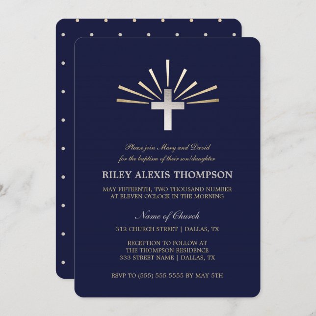 Gold Silver & Blue Baptism Invitation (Front/Back)
