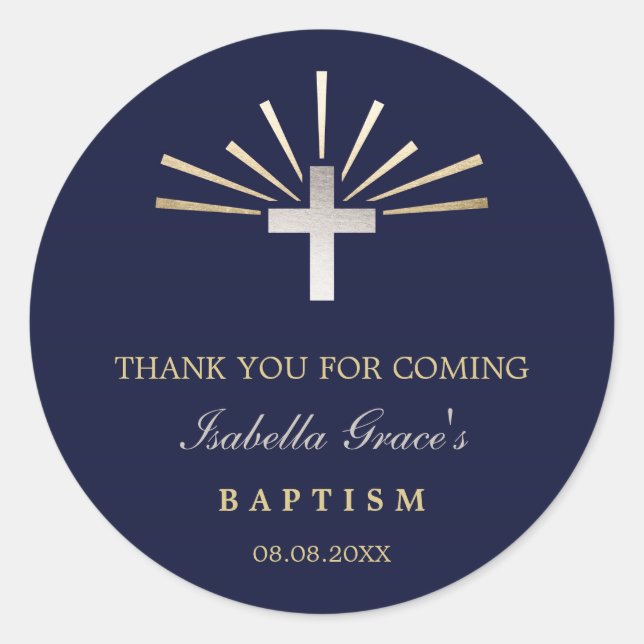 Gold Silver & Blue | Baptism Thank You Classic Round Sticker (Front)