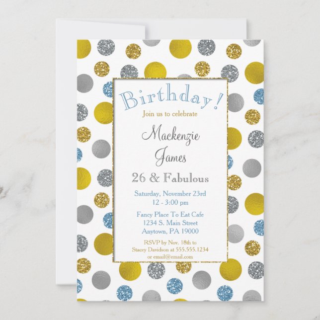 Gold Silver Blue Dots Birthday Invitation (Front)