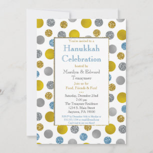 Gold Silver Blue Dots Hanukkah Invitation