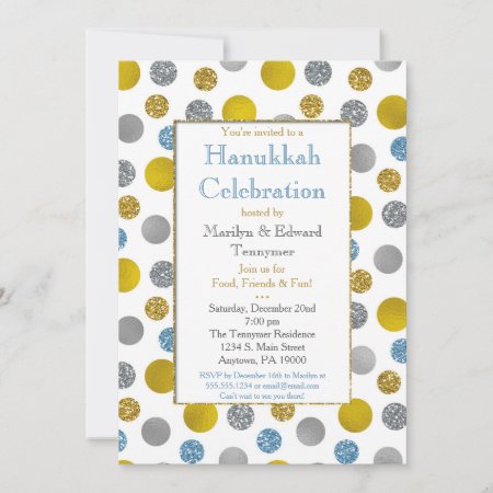 Gold Silver Blue Dots Hanukkah Invitation