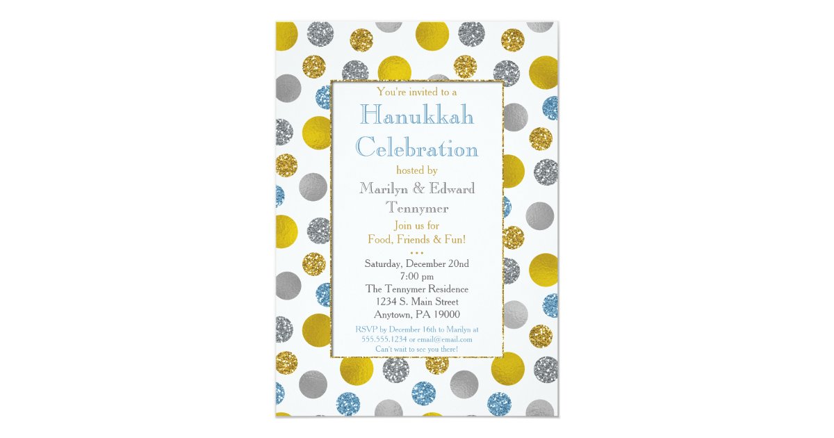 Gold Silver Blue Dots Hanukkah Invitation Zazzle Com