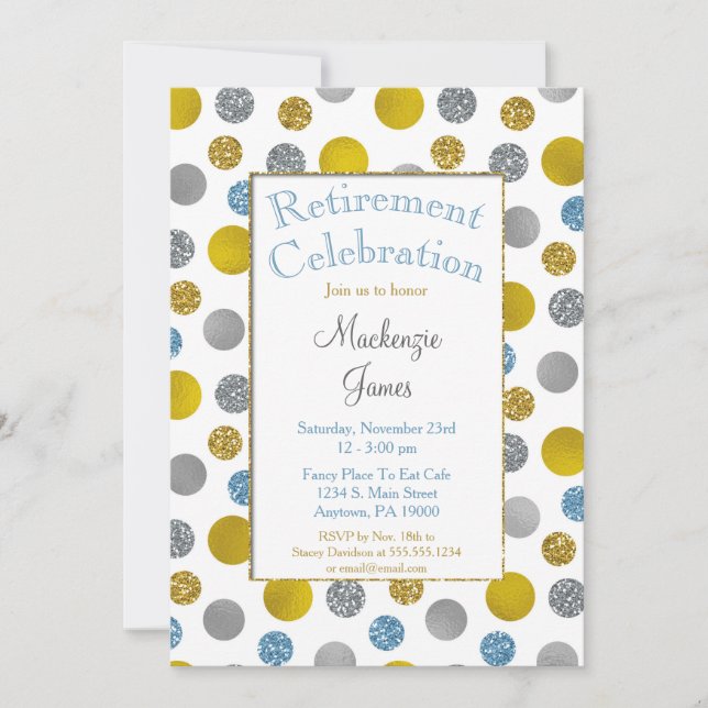 Gold Silver Blue Dots Retirement Invitation (Front)