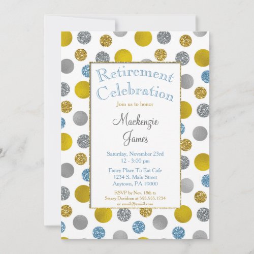 Gold Silver Blue Dots Retirement Invitation