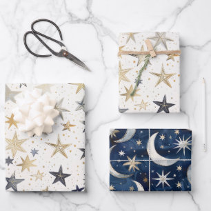 Gold Silver Blue Stars Birthday Wrapping Paper Sheets