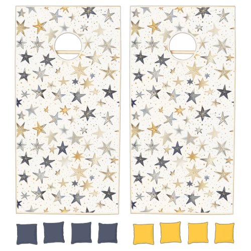 Gold Silver Blue Stars Cornhole Set