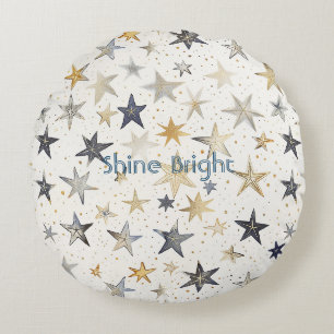 Gold Silver Blue Stars Round Pillow