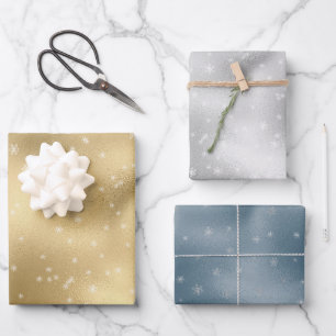 Gold Silver Blue White Snowflakes  Wrapping Paper Sheets