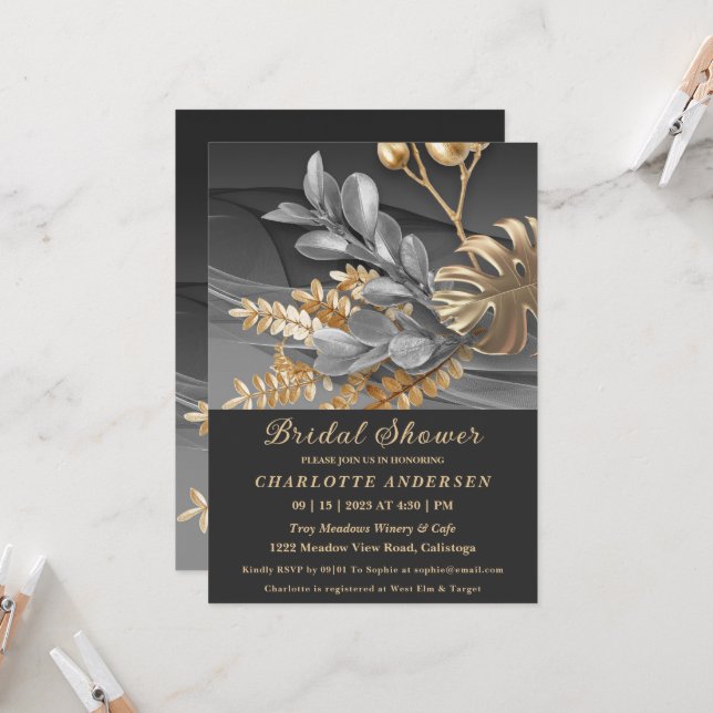 Gold & Silver Botanical  Bridal Shower Invitation (Front/Back In Situ)