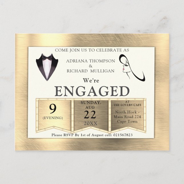 Gold-Silver-Brass Modern Design Engagement Invitation Postcard (Front)