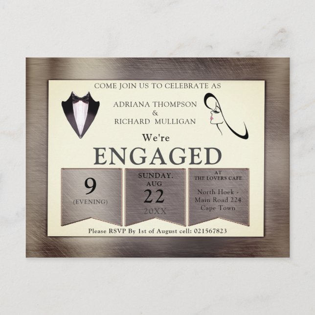 Gold-Silver-Brass Modern Design Engagement Invitation Postcard (Front)