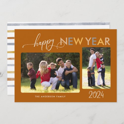 Gold Silver Bronze Happy New Year 2 Photos Black H Holiday Card