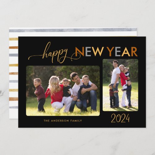 Gold Silver Bronze Happy New Year 2 Photos Black Holiday Card