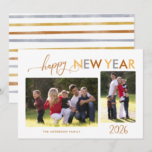 Gold Silver Bronze Happy New Year 2 Photos Holiday Card (Front/Back)