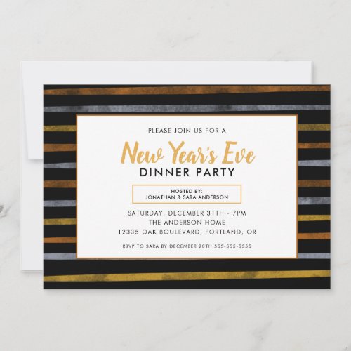 Gold Silver Bronze Stripes New Years Eve Party Invitation