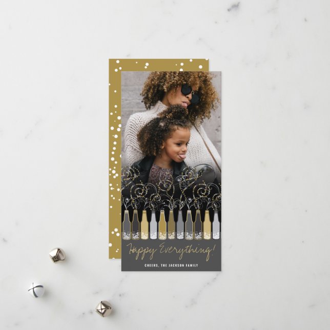 Gold & Silver Bubbly Bottles Modern New Year Photo Holiday Card (Front/Back In Situ)